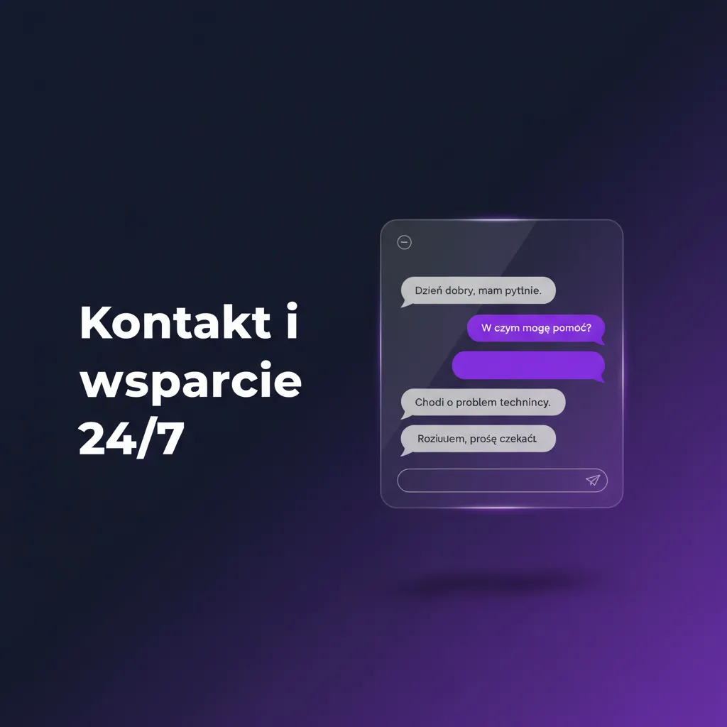 Wsparcie 24/7 po polsku: konsultant z headsetem, ikony czatu, e-maila, aplikacji mobilnej i FAQ.