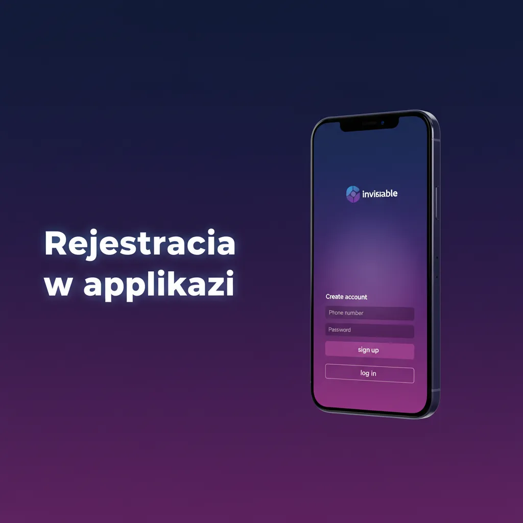 Ekran rejestracji w aplikacji: e‑mail/telefon, hasło, waluta PLN, weryfikacja kodem, KYC i depozyt startowy.